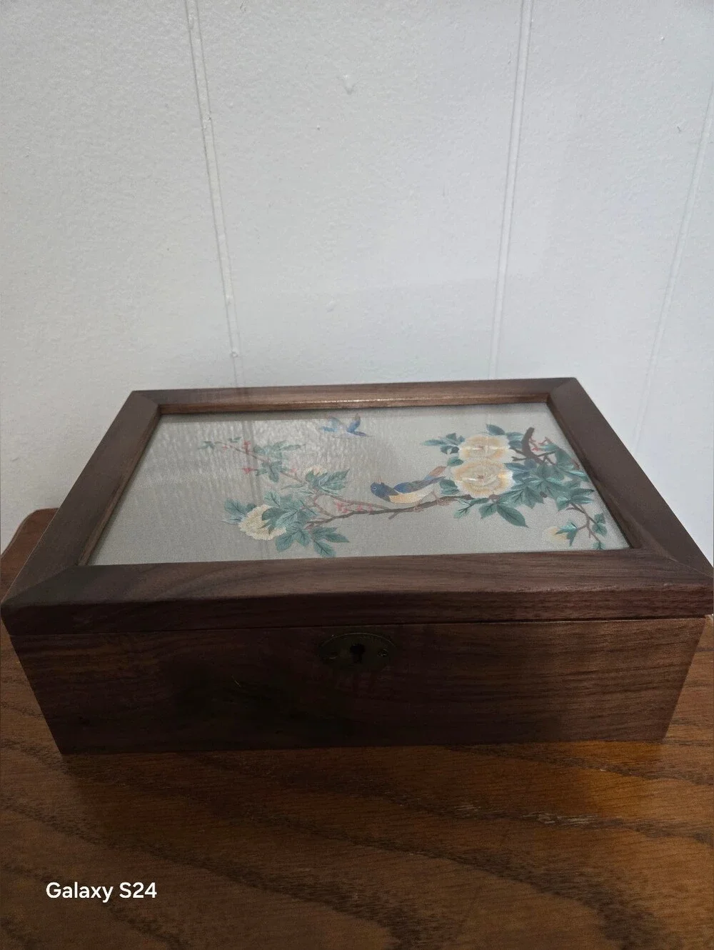 Antique Jewelry Box, Chinese Silk Double-Sided Embroidery Screen, Walnut Wood